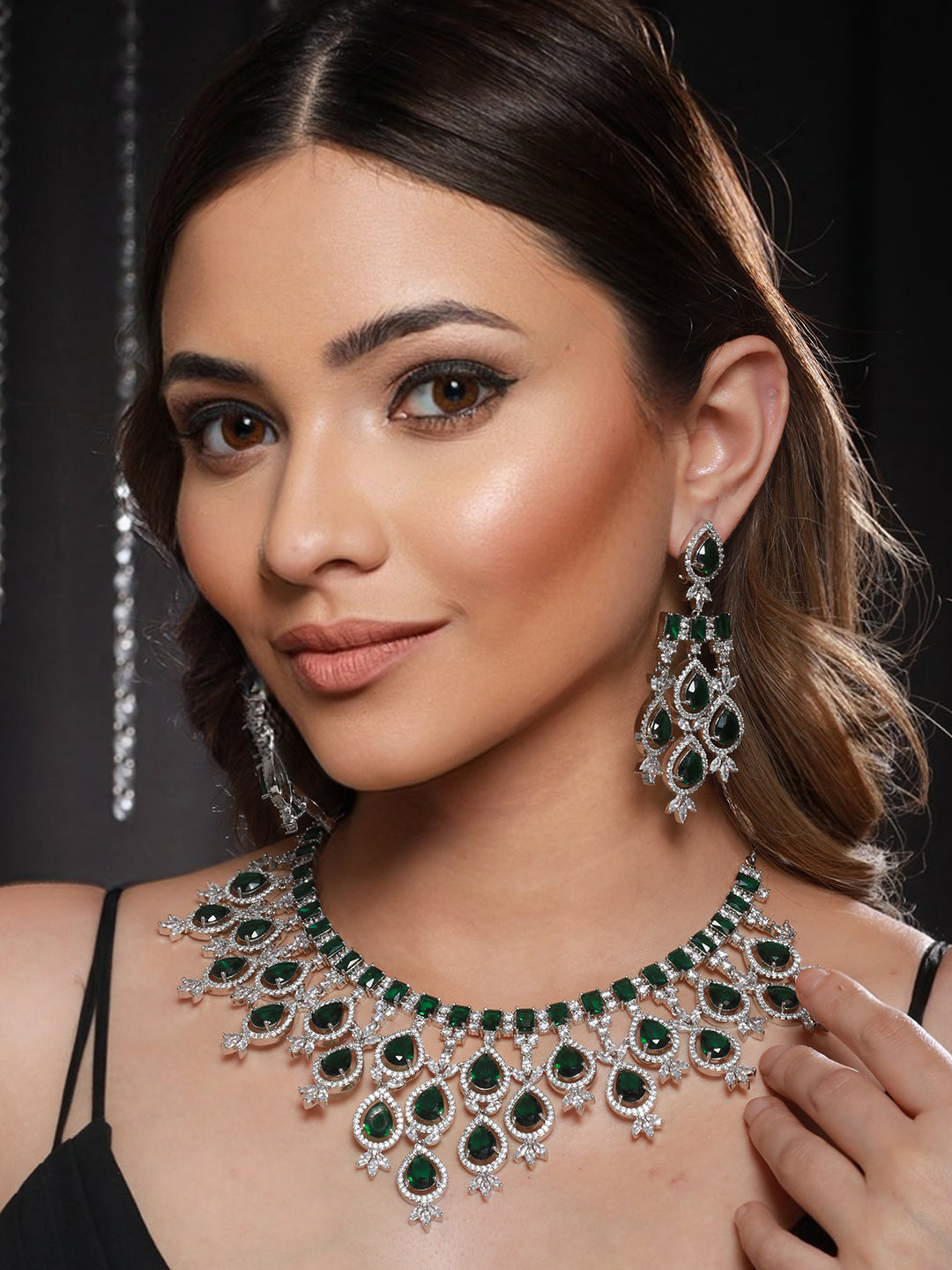 White Rhodium Silver Plated  Green CZ Stone Studded jewellery Set